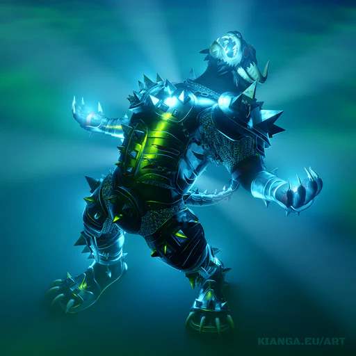 3D render of a charr warrior in full steel armor. He's surrounded poisonous looking green fog, bent backwards, arms wide, as if roaring. Bright blue magical light is radiating from him - the effect looks similar to the warrior healing skill "To the Limit" from Guild Wars 2. 
