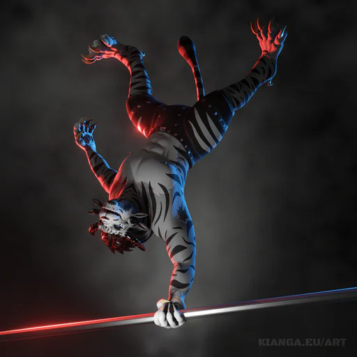3D render of a shirtless male charr with white fur and black tiger stripes. He's balancing upside down on a steel bar, holding on to it only with his right hand. His other hand, both of his feet, and his tail are raised in the air in an acrobatic pose. The background is a neutral gray fog, with a red rim light illuminating his left side, and a blue light illuminating his right.
