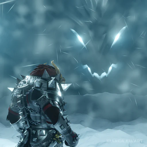 3D render of a charr in full steel armor, standing in the middle of a blizzard with his back to the viewer. In the far distance you can make out the face of a giant dragon, eyes and mouth glowing with a white light.
