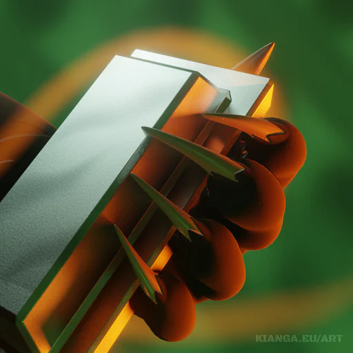 Close-up 3D render of a dark brown charr hand paw with long, sharp claws, holding a shiny steel ingot against a blurry green background.
