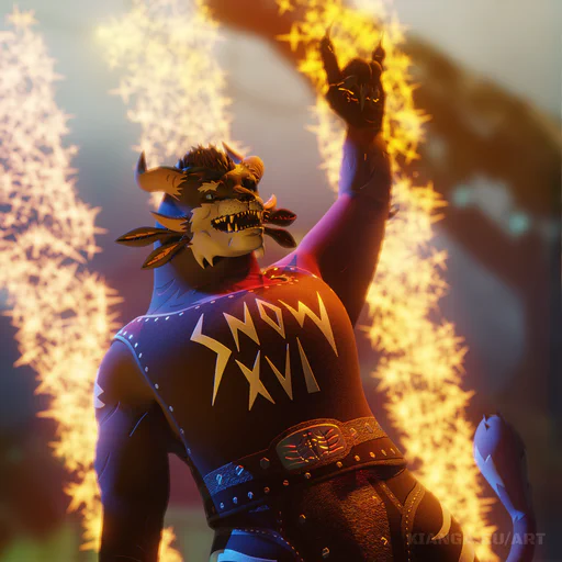 3D render of a male charr with dark grey fur and blue eyes at a metal concert, with a night sky and fireworks in the background. He's wearing black shorts and a black tank top with the stylized text "Snow XVI", and has his left hand in the air making the "horns" sign.

