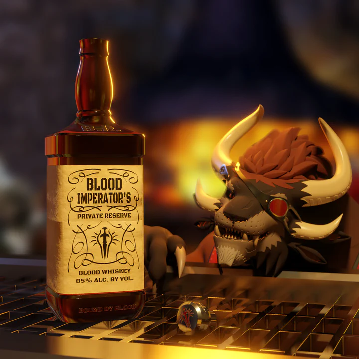 3D render of a large bottle of whiskey standing on the edge of a bar, with a fireplace in the background. A charr with a red eye patch is looking at it a bit enviously. The label on the bottle reads: "Blood Imperator's Private Reserve. Blood Whiskey, 85% alc. by vol."
