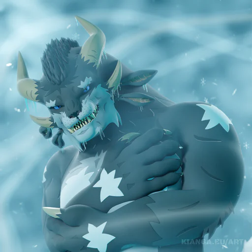 3D render of a male charr with dark gray fur and blue eyes, shirtless, shivering in a blizzard. There are icicles hanging from his chin, horns, and ears.
