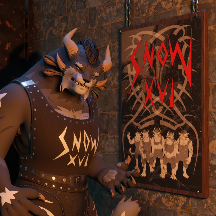 3D render of a male charr with gray fur and a black tank top standing next to a poster that looks vaguely like it's for a metal band, except rather poorly done. His expression says he's not really convinced either. Both his tank top and the poster have the name of his warband, Snow XVI, on it. 
