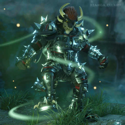 3D render of a male charr wearing full steel armor and holding a dagger. He's standing in a swamp at night, with ghostly greenish lights swirling around him and isn't quite sure what to do about it.
