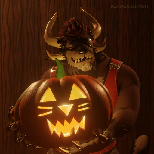 3D render of a male charr wearing a red tank top and a red eye patch. He's grinning at the viewer and holding a large Jack-o-Lantern with a feline face carved into it, brightly lit from the inside.
