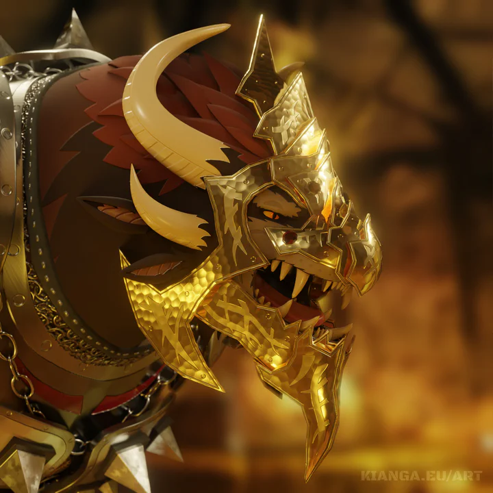3D render of male charr in full steel armor wearing a fancy golden mask, snarling. The mask is modeled after the "Gaze of the Khan-Ur", a rare helmet from Guild Wars 2.
