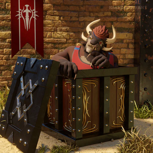 3D render of a male charr sitting in a steel box somewhere outside in a castle courtyard and looking thoughtful. There's a Blood Legion banner on a wall in the background.
