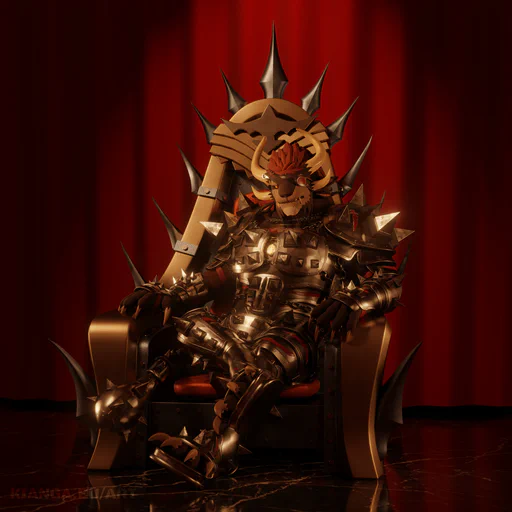 3D render of a charr in full steel armor, sitting comfortably on an elaborate chair with a red silk cushion and a golden frame with sharp spikes attached to it. The chair is standing on a black marble floor in front of a red curtain, making it look more like a throne.
