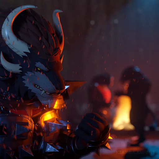3D render of a male charr in full armor standing in the rain and staring at his fist in frustration. Out of focus in the background, there's a campfire burning with two more charr standing next to it, apparently arguing about something.
