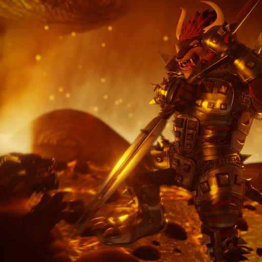 3D render of a charr warrior in full armor raiding a Flame Legion camp. He's snarling angrily and pointing a large spear at the chest of a helpless charr on the ground, and looks like he's about to strike.
