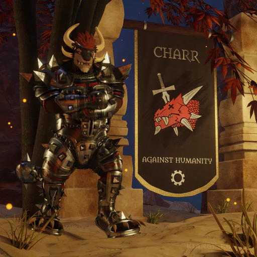 3D render of a charr in full steel armor, standing in old desert ruins next to the banner of his guild: black with a golden edge with the text "Charr Against Humanity" and a symbol of a sword stuck in a dragon's head.
