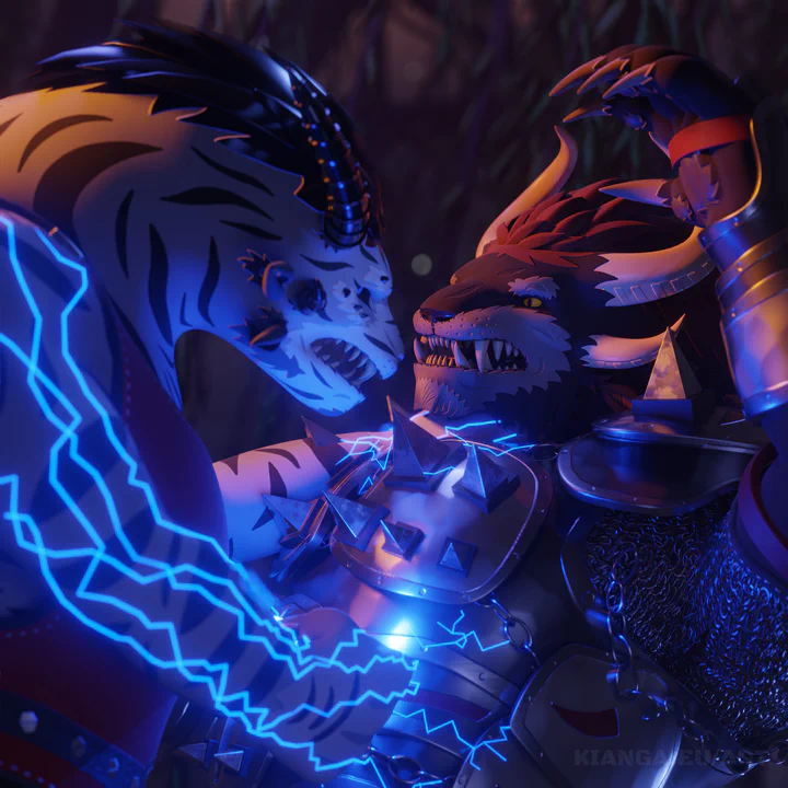 3D render of two charr in a fight: an elementalist with white fur and black tiger stripes, punching a warrior in full steel armor with his right fist. Blue lightning jumps from the elementalist's arm to the warrior's chest, who looks rather shocked - no pun intended.
