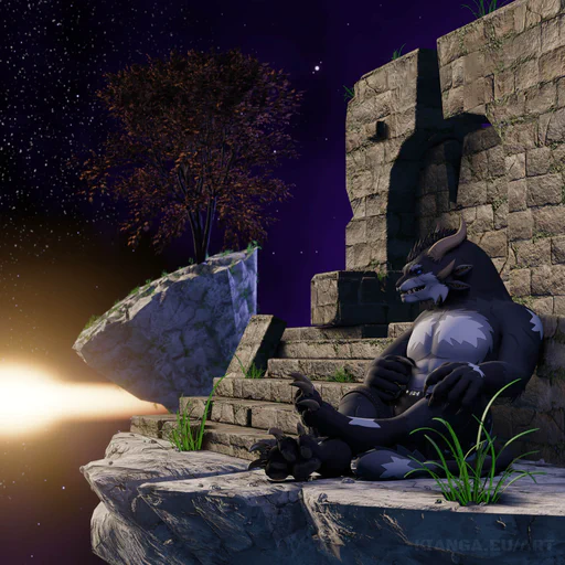 3D render of a male charr with blue-gray fur and blue eyes sitting calmly in a surreal environment similar to the Mistlock Sanctuary from Guild Wars 2. He's on a floating island of rock in a starry void, with bright light in the far distance, and leaning against what looks like the ruins of a castle. Small patches of grass are growing everywhere, and there's another floating island with a large tree in the distance.
