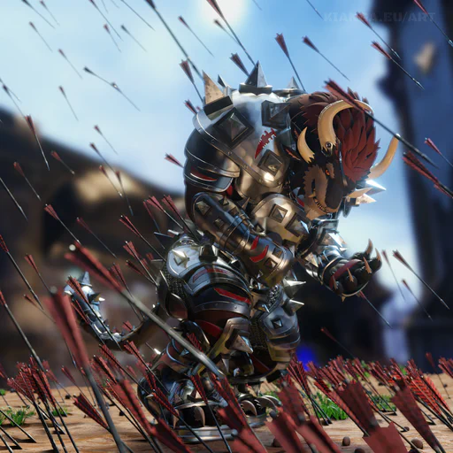 3D render of a charr in full steel armor standing in a castle courtyard while a ridiculous number of arrows is raining down on him. He has his back turned towards the source and there are dozens of arrows stuck in his thick armor, but he's looking at the viewer with a shrug and an amused expression, like this happens to him all the time.

