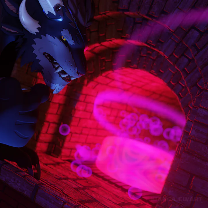 3D render of a cake baking in a large oven, except it has turned into a mysterious purple glowing thing. To the left there's the charr cook, looking at the viewer with great confusion.
