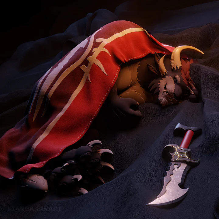 3D render of a male charr with brown fur sleeping peacefully on a soft black blanket, with his dagger lying next to him. He's partially covered with a red Blood Legion banner.
