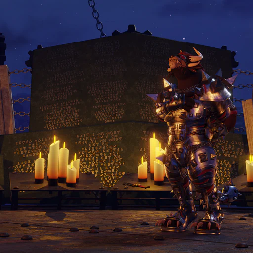 3D render of a charr in full armor, saluting in front of a monument for fallen soldiers in the Black Citadel: multiple large stone tablets with names inscribed in gold and burning candles, in front of a night sky with a crescent moon.
