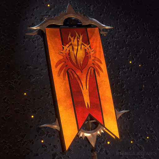 3D render of a Flame Legion banner: An abstract flame-like symbol on a background with a large red vertical stripe between two smaller yellow stripes.
