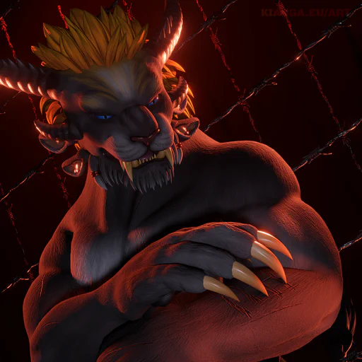3D render of a male charr with blue eyes, dark grey fur, and a yellow mane against a dark background with barbed wire. He's shirtless and gently holding a paw over his left arm, where some scars are visible - they look self-inflicted. 
