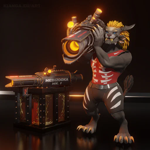 3D render of a male charr with gray fur and a yellow mane, holding a massive bazooka-like weapon. It has multiple exhausts which are glowing brightly. Another weapon rests next to him on a steel crate, with painted-on text more clearly visible. It says "Medizooka Mk. 1, Blood Legion" in large white letters. Towards the front there's a red arrow with the smaller text "This end towards patient" and "Apply directly to forehead".
