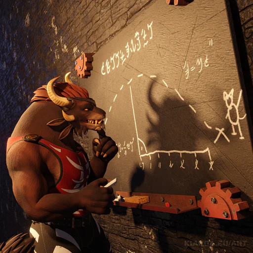 3D render of a male charr in black shorts and a red tank top. He's standing in front of a blackboard, chalk in one paw. There's a crude drawing and some physics equations on the blackboard, probably related to catapults, but he looks very confused about it all.
