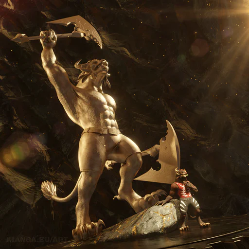 3D render of a giant golden statue of a shirtless charr warrior, holding up his battle axe in a victory pose, lit by golden sunlight from the right. At the foot of the statue there's the real charr, maybe as big as the statue's foot, not shirtless but wearing a red tank top and looking very proud.
