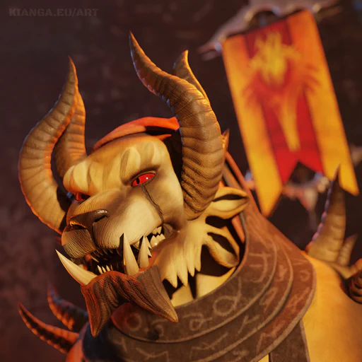 3D portrait render of Efram Greetsglory, acting imperator of the charr Flame Legion. He has golden fur, red eyes, long teeth, four long brown horns that curve upwards, and two more horns that grow down from his chin.
