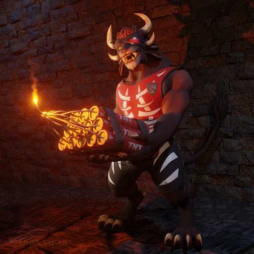 3D render of a male charr with black pants, a red tank top, and a red eye patch. He's standing in a dark alley and holding a giant pack of dynamite sticks that have been taped together. The fuse is lit and he's looking at it with panic, screaming.
