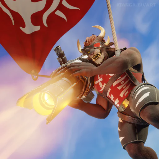 3D render of a male charr on a parachute, high up in the air against a blue sky. He's wearing a red eye patck, black shorts, and a red tank top, and is firing a giant weapon from his shoulder that looks like a rocket launcher.
