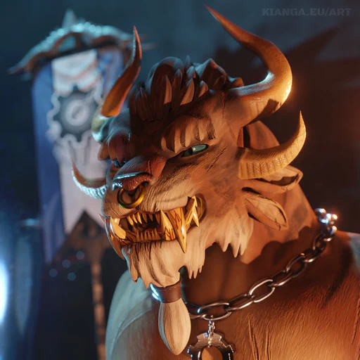 3D portrait render of Smodur the Unflinching, Imperator of the charr Iron Legion. He has light gray fur, ivory-colored horns, light blue eyes, a golden nose ring, and wears a chain around his neck with a gear pendant. He's snarling and showing his teeth, which look rather bloody.
