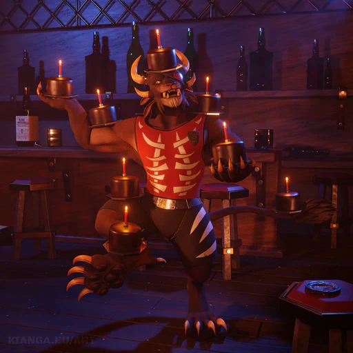 3D render of a male charr with a red eye patch, wearing black pants and a red tank top, and standing in a bar with bar stools and bottles in the background. He's balancing seven small chocolate cakes, each with a candle: one cake in each of his hands, one on his right bicep, one on his left shoulder, one on his head, one on his right foot raised up, one on his thigh, and another one on the end of his tail. Despite the crazy pose, he seems to be having a lot of fun.
