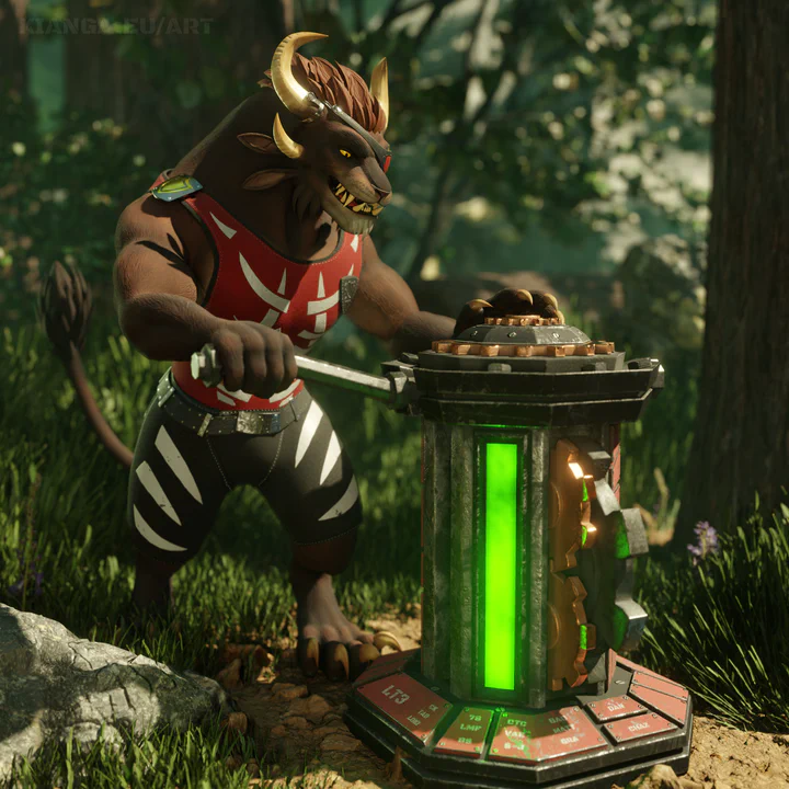 3D render of a male charr wearing black pants and a red tank top. He's standing in a forest next to a strange looking metal cylinder - a supply container from the Drizzlewood Coast map in Guild Wars 2. A neon light running along its height is glowing bright green and he's trying to open the container by pulling a steel handle.
