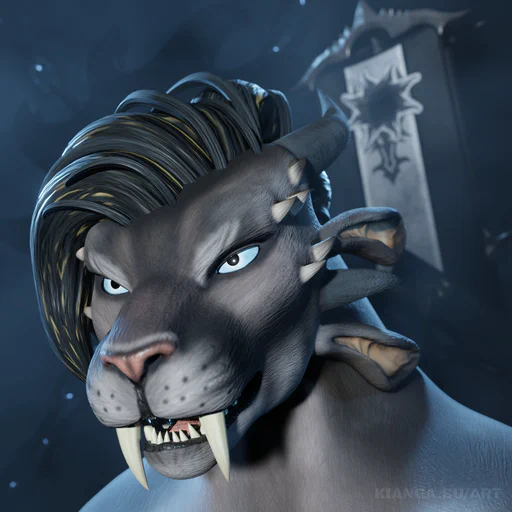 3D portrait of Malice Swordshadow, Imperator of the charr Ash Legion from Guild Wars 2. She has grey fur, ice blue eyes, and a black mane and is looking slightly past the viewer with fierce determination.
