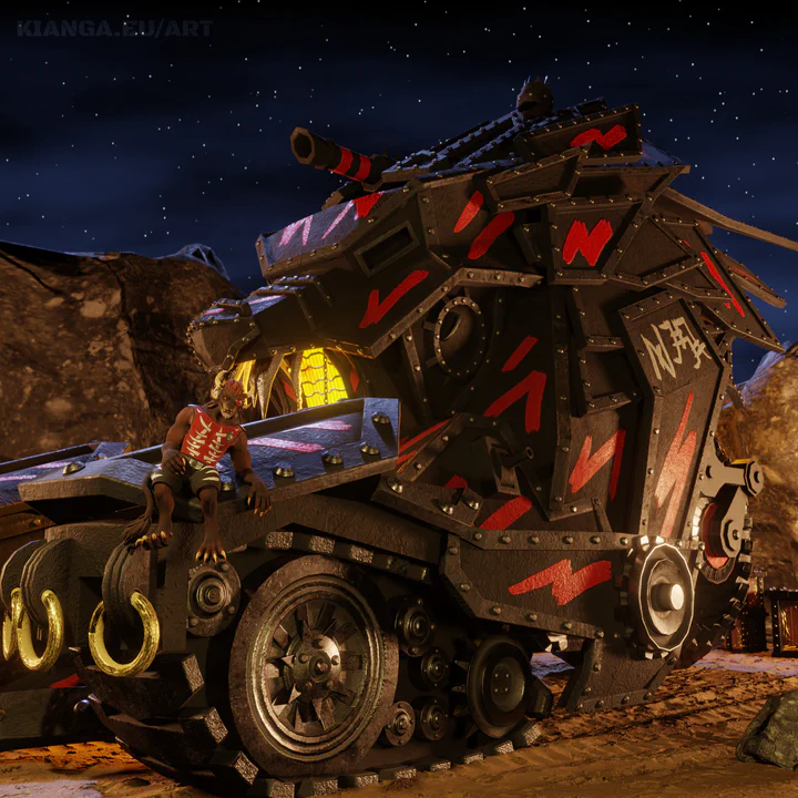 3D render of a massive charr battle tank standing in a mountain pass. It's made of black steel and painted with red markings. A male charr in black pants and a red tank top is sitting casually on top of its front wheel, showing the enormous size of the tank: he's only about half as tall as the wheel.
