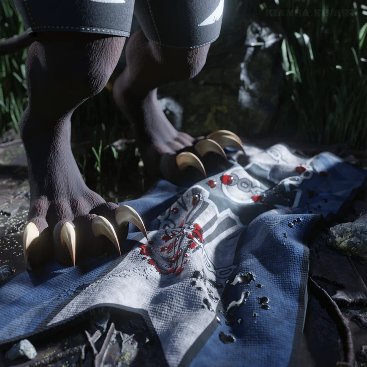 3D render of a blue and white Iron Legion banner, lying crumpled on forest ground, lit by bright moonlight. There are blood and oil stains on it, and a charr is standing on it with both feet, though he's only visible from the thighs down.
