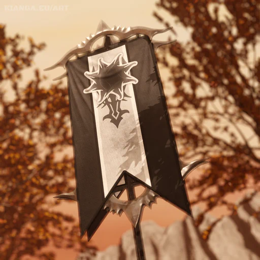 3D render of an Ash Legion banner with fall-colored trees in the blurry background. The banner is a spiraling star shape on top of a while vertical bar, with black bars to the left and right.
