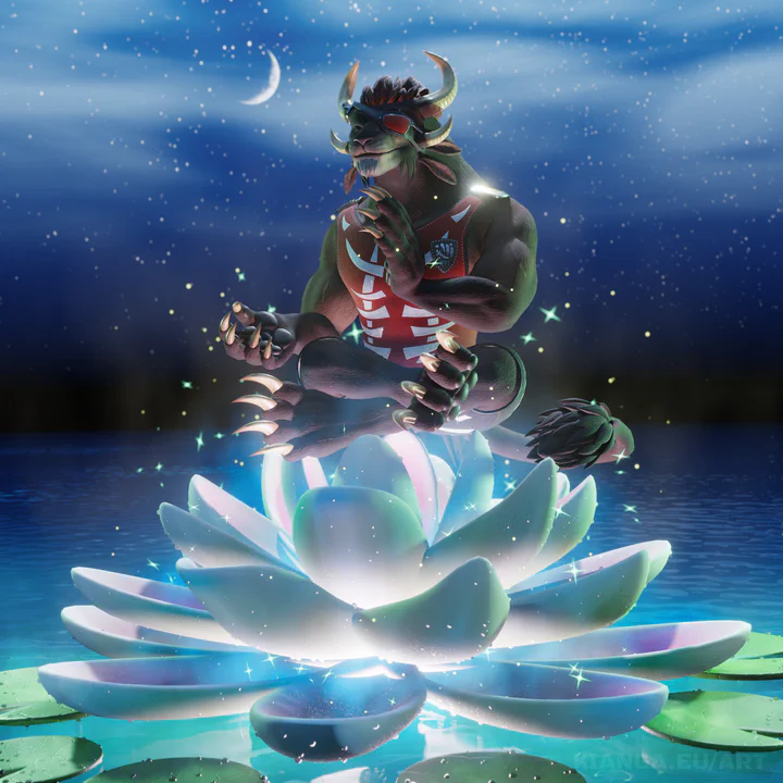 3D render of a male charr with brown fur in a lotus pose, floating above a giant glowing lotus flower, with a dark blue sea and a starry night sky in the background. He's wearing black shorts, a red tank top, and a red eye patch, and he has a peaceful expression with his eyes closed.
