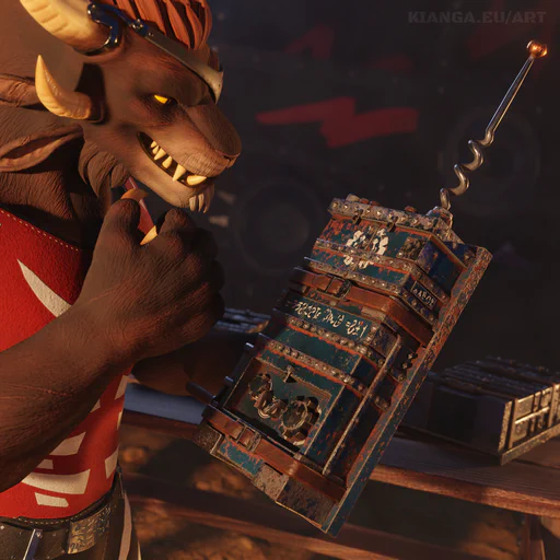 3D render of a male charr with brown fur wearing a red tank top. He's holding a large, rusted device that looks like a radio in his left paw, and scratching his chin with his right, trying to figure out how this thing works.
