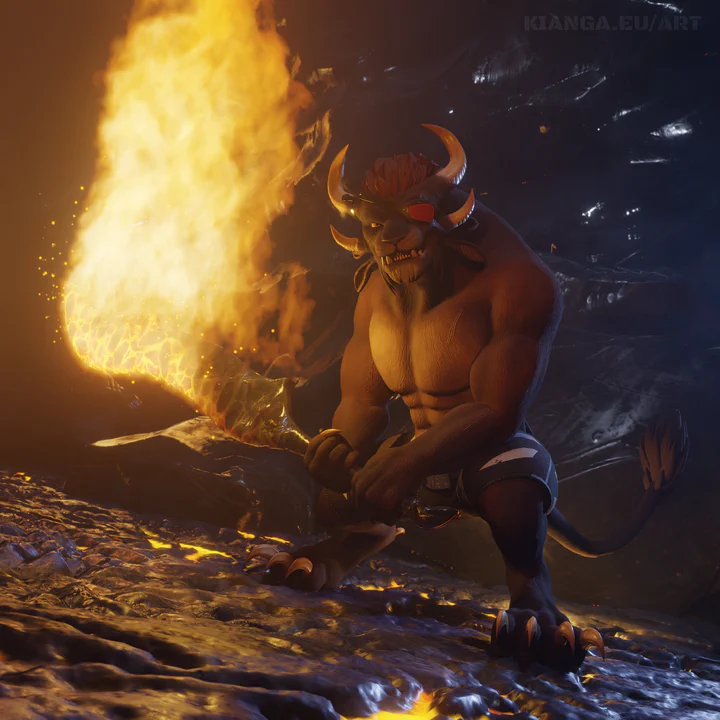 3D render of a shirtless male charr with brown fur, wearing black shorts and a red eye patch. He's holding a massive flaming sword in both of his paws, staring at the viewer.
