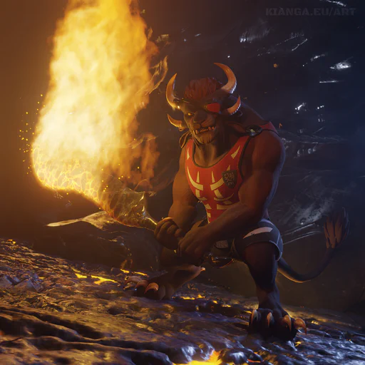 3D render of a male charr with brown fur, wearing black shorts, a red tank top, and a red eye patch. He's holding a massive flaming sword in both of his paws, staring at the viewer.
