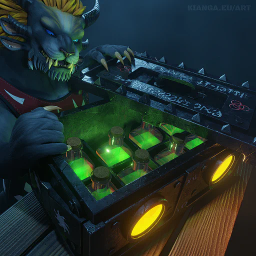 3D render of a large mysterious steel box with its spiked lid half opened, revealing two rows of bottles bottles with a green glowing liquid. There’s a biohazard symbol on the lid. A male charr with gray fur and blue eyes is peeking into the box curiously from behind.
