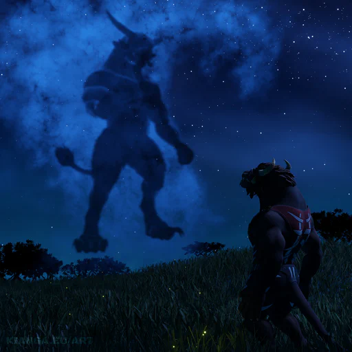 3D render of a charr standing in a savannah at night, looking up at the starry night sky. There's peculiar cloud with the shadow of a charr inside, looking back at him. It's a recreation of a scene from The Lion King.
