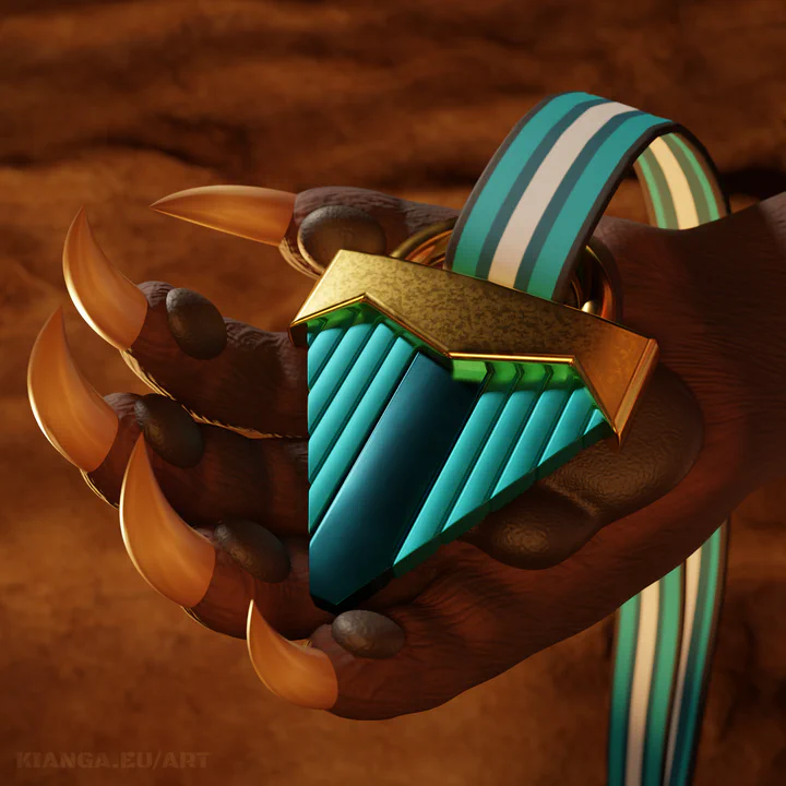 3D render of a charr hand paw with brown fur, holding a large medal made of gold and a blue metal, with a black-blue-white ribbon attached to it.
