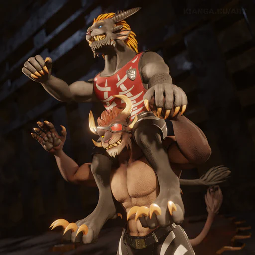3D render of with brown fur and a red eye patch, carrying another charr with gray fur and a yellow mane on his shoulders. Both are looking happy.
