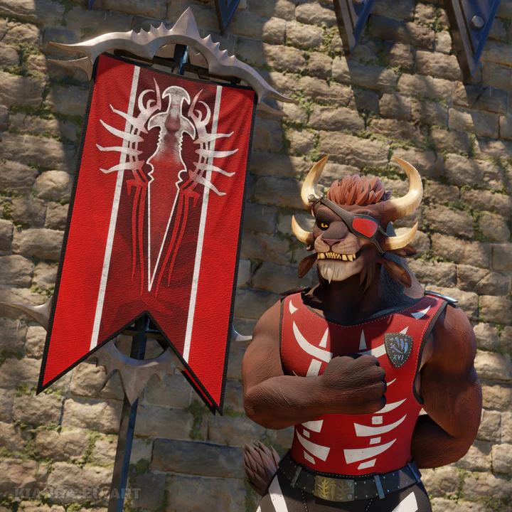 3D render of a male charr in a red tank top, saluting in front of a large Blood Legion banner and looking proud.
