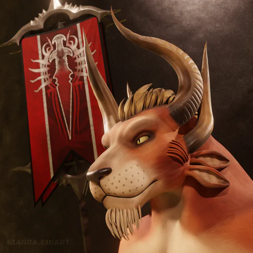 3D portrait of Bangar Ruinbringer, former imperator of the charr Blood Legion, in front of his legion's banner. He has light brown fur, bronze-colored eyes and mane, and two pairs of long brown horns that curve upwards. Longer tufts of hair grow from his chin and cheeks. He looks proud and confident.
