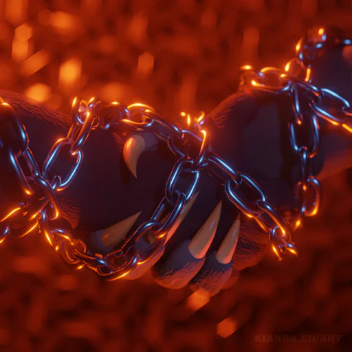 3D render of two charr hand paws holding each other, with steel chains wrapped around them, against an abstract red background.
