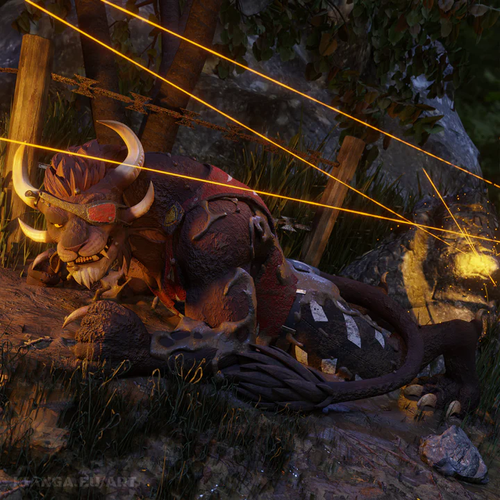 3D render of a charr soldier on the battlefield, lying in the mud while enemy tracer fire zips by just barely above his head. He's completely soaked and covered in mud, but his expression is almost calm, like this is nothing new for him.

