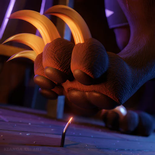 Close-up 3D render of a charr's bare foot paw, about to step on a very sharp looking nail sticking out of wooden floor board.
